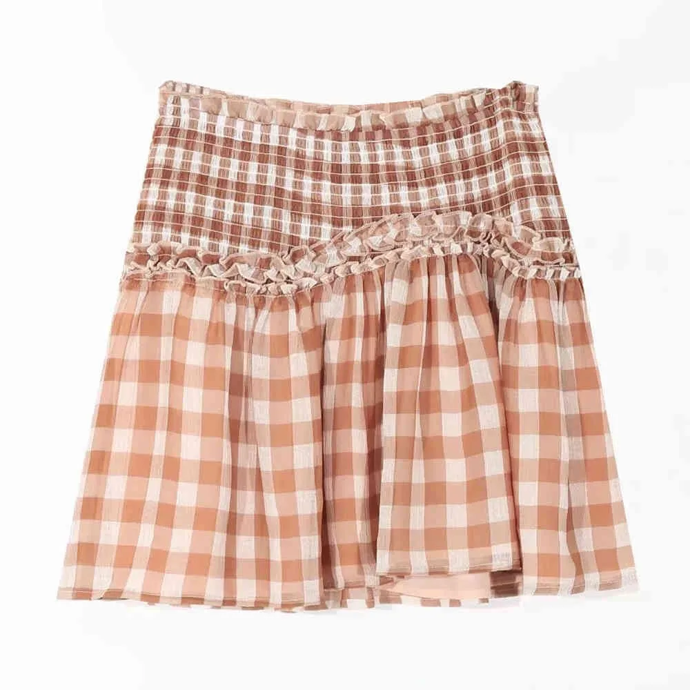 Hoge kwaliteit vrouwen hoge taille rok vintage plaid geplooide ruche mini koreaanse straatkleding vrouw s casual vrouwelijke 210520