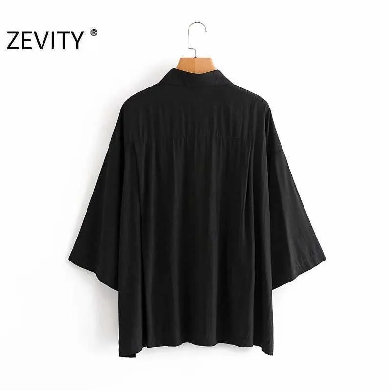 ZEVITY women elegant turn down collar casual loose black smock Shirt Blouses women batwing sleeve femininas kimono blusas LS7235 210603