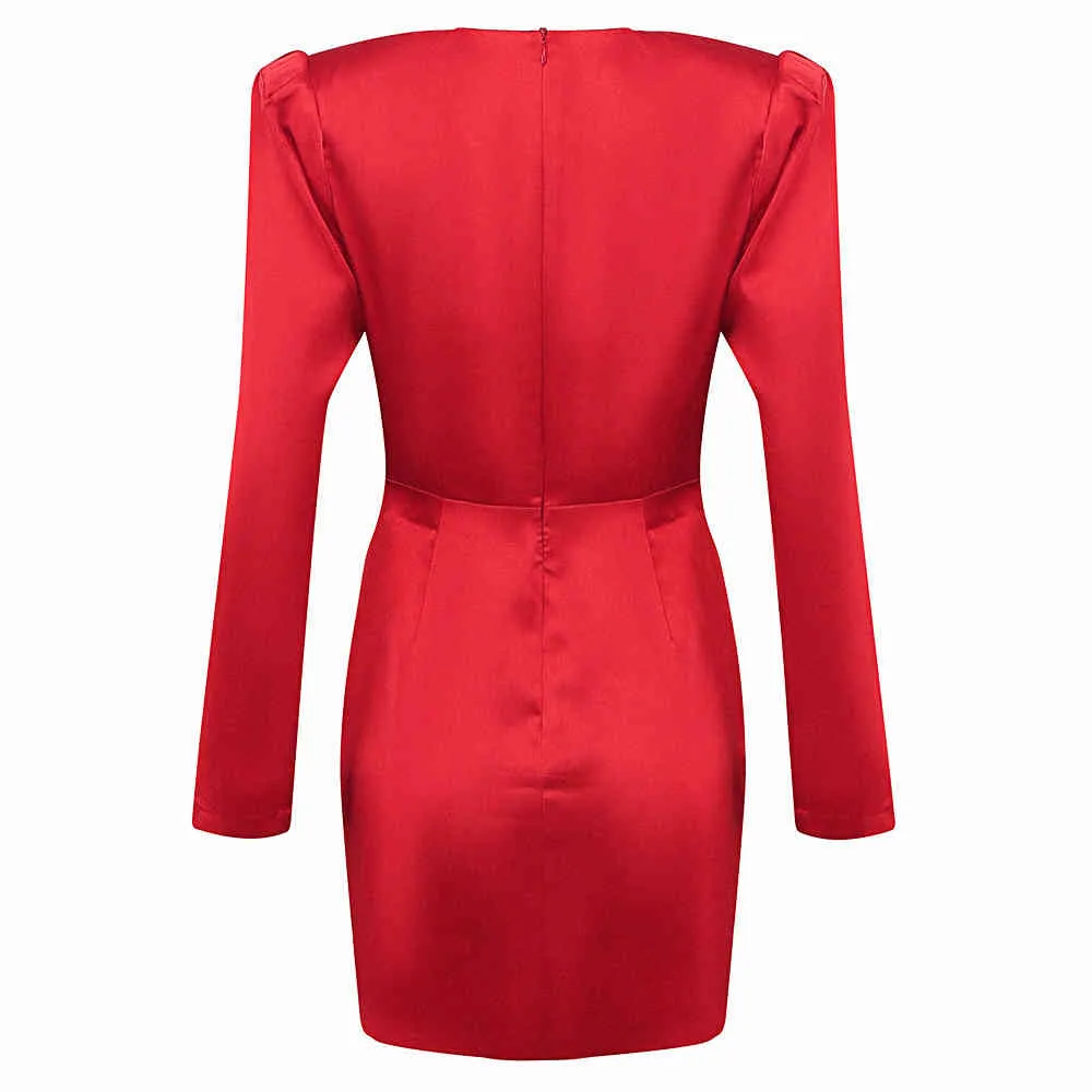 Free Sexy Red Satin Dress Women's Deep V Neck Puff Sleeve Bodycon Draped Club Night Party Mini Vestidos 210524