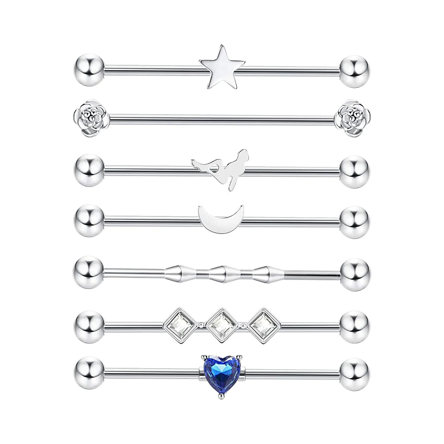 7 Stück 14G für Damen Herren Edelstahl Industrial Barbell Ohrring Knorpel Ohrringe Körper Piercing Schmuck