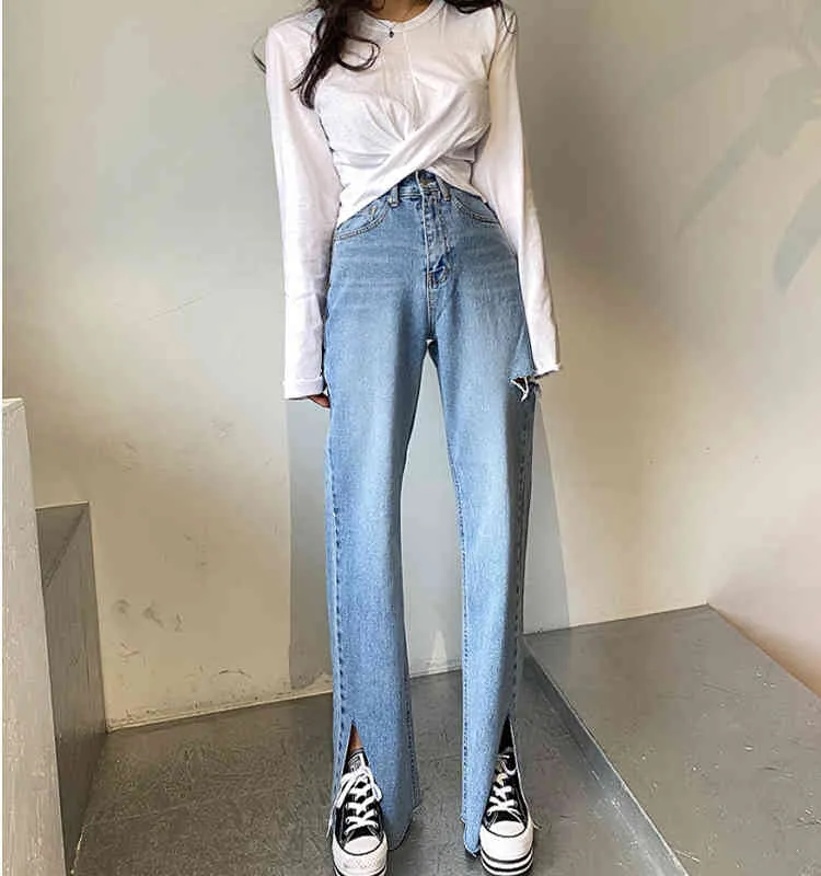 Vintage Women's Denim Pants Side Split High Waist Fashionable Loose Jeans Female Full Length Trousers 210428