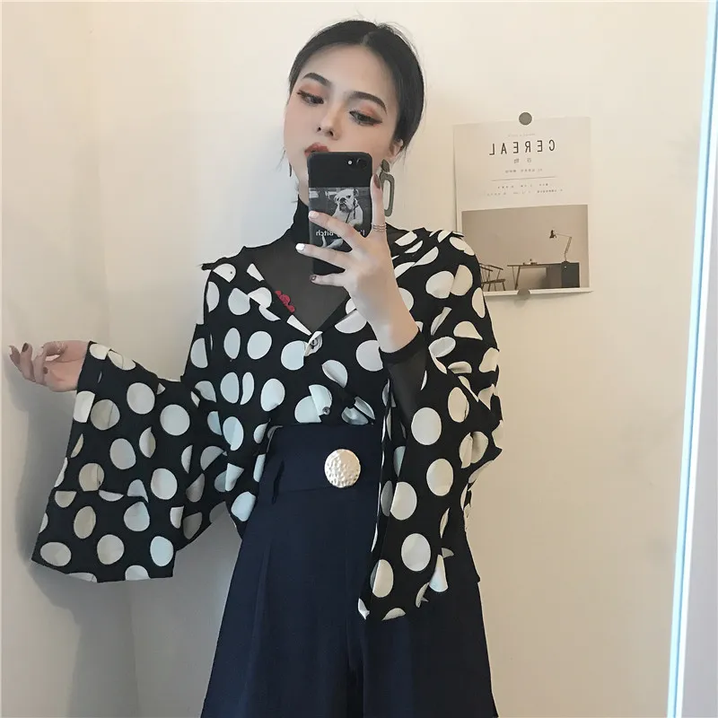 Spring Autumn Women's Print Shirts Loose Large Size Retro Dots Blouse Batwing Sleeve Chiffon Shirt PL144 210506