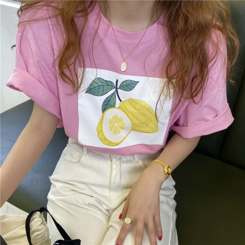 Basewear Chic Loose Sale Toppar Casual Prom Tee Retro Sommar Lemon Tryckta Kortärmad Pullovers T-shirts 210525