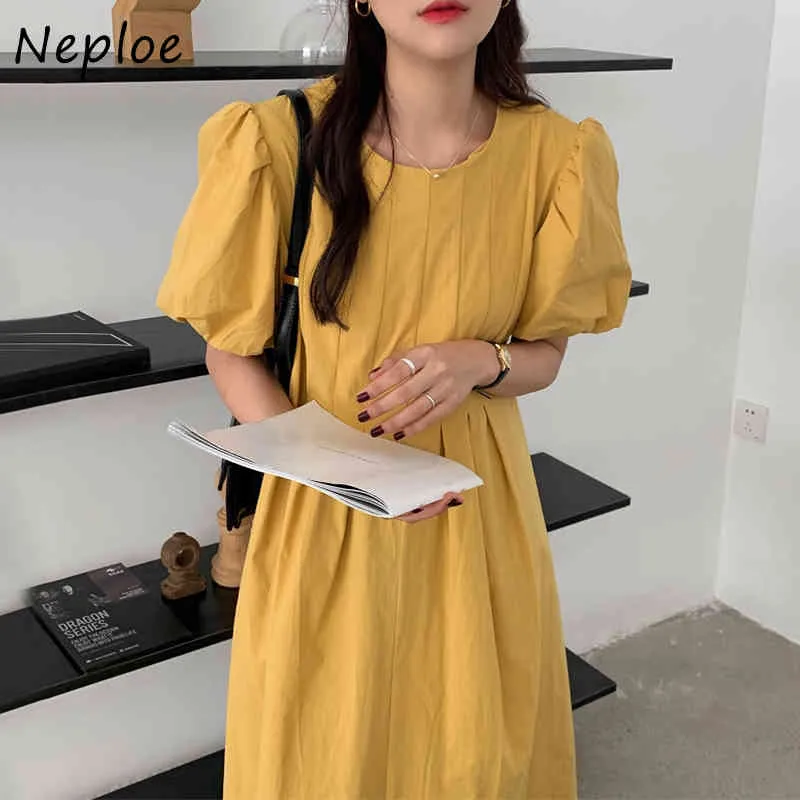 O Neck Puff Short Sleeve Solid Dress Women High Waist Hip A Line Long Vestidos Summer Candy Color Robe Wild 210422