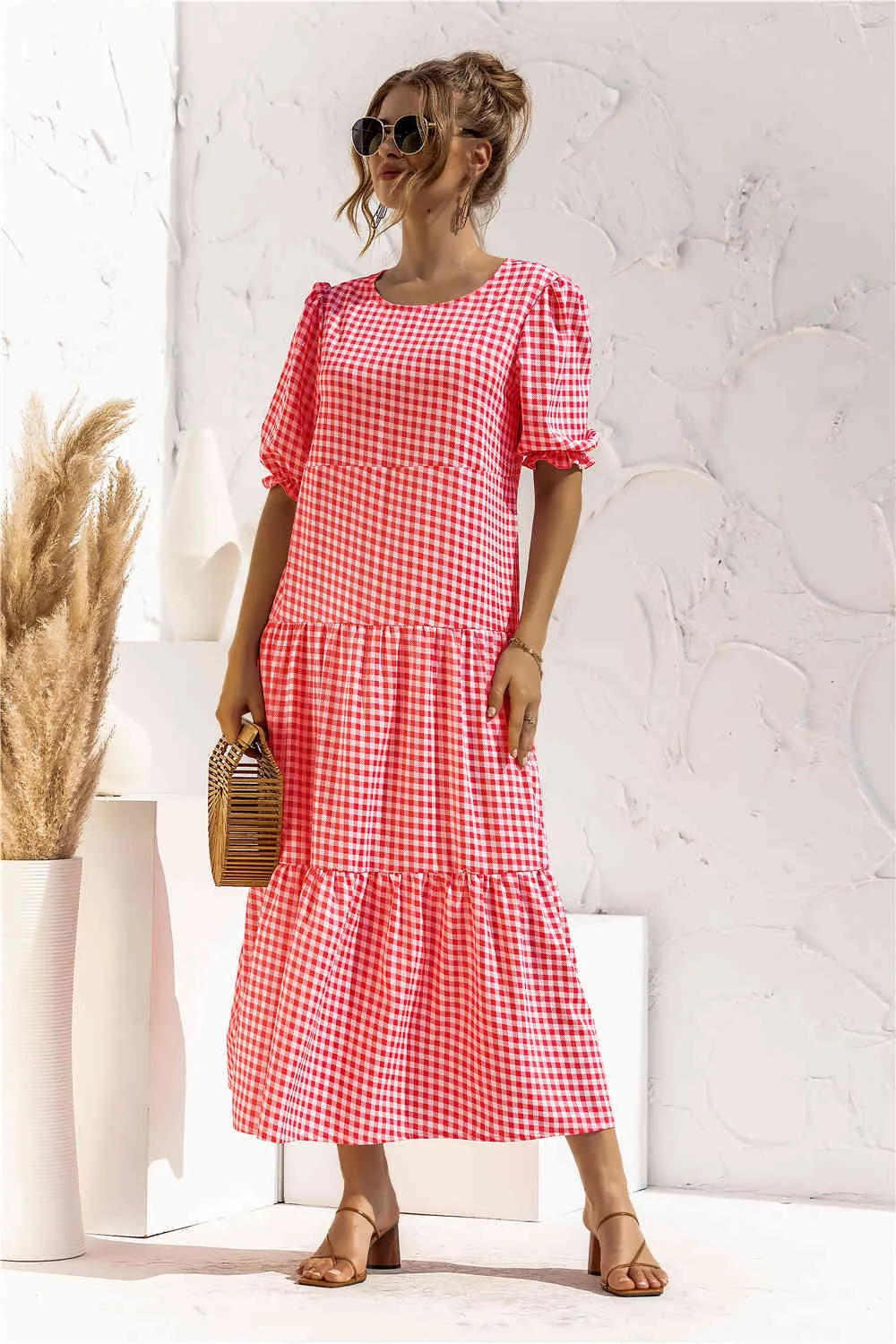 Letnia sukienka Kobiety Casual Puff Rękaw Puff Różowy Plaid Drukowane Sundress Luźne Plisowane Sukienki Mid-Cielskie Femme Party Wakacje Szaty 210521