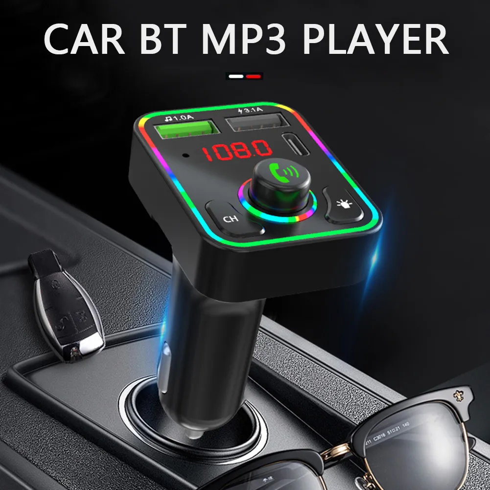 F3 Bluetooth Car Kit USB-Typ-C-Ladegerät FM-Transmitter TF MP3-Player mit RGB-LED-Hintergrundbeleuchtung Drahtloser FM-Radio-Adapter Freisprecheinrichtung für Telefon