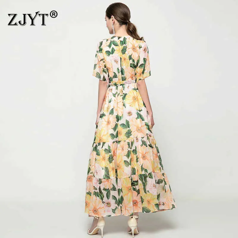 Europe Style Fashion Summer Runway Short Sleeve Floral Print Bohemian Long Chiffon Dress Women Elegant Maxi Party Robe 210601