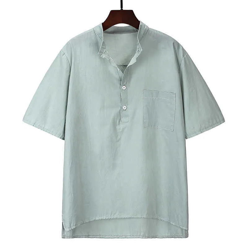 Letnia męska lniana lniana koszulka na co dzień z dekoltem w serek zapinana na guziki t-shirty Slim Fit bawełniana koszulka typu basic z krótkim rękawem 210716