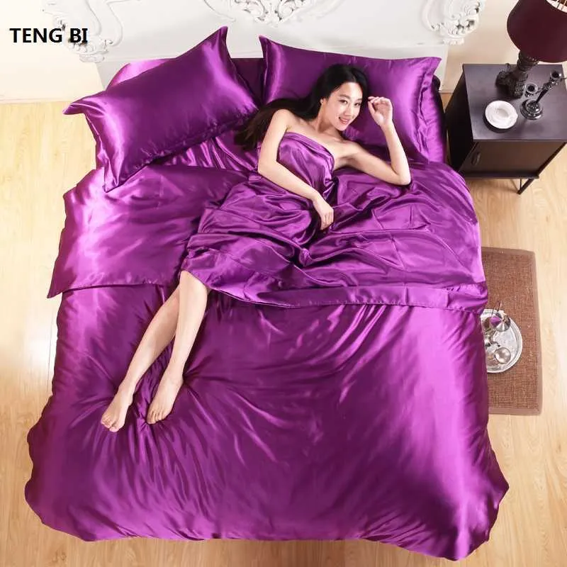 ! 100% silk bedding fashion set Pure color A/B double-sided Simplicity Bed sheet, quilt cover pillowcase 2-210608