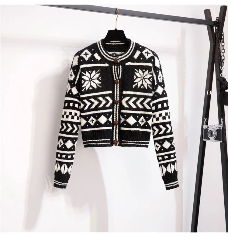 H.SA Femme Pulls Folral Oneck Rétro Vintage Crop Flocon De Neige Manteau À Tricoter Chrisrmas Pull Cardigans 210417