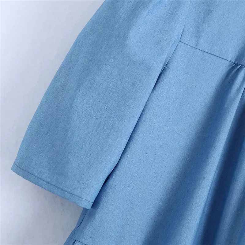 Verão azul Denim vestidos curtos mulheres casual sundress moda plissado manga folhada chique mulher vestido feminino 210519