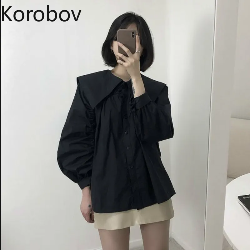 Korobov Korean Chic Drawstring Lace Up Design White Blouse Women Big Turn Down Collar Lantern Long Sleeve Single Breast Blusas 210430