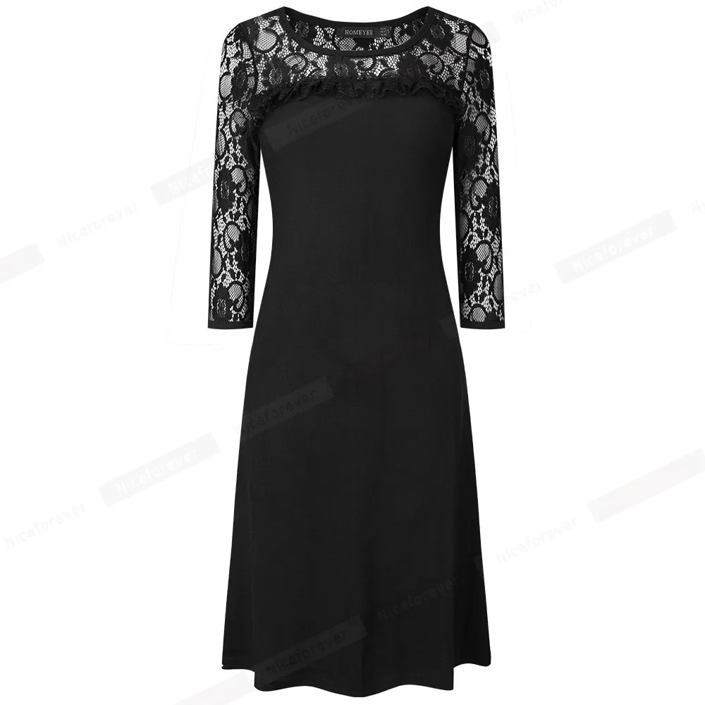 Nice-forever Autumn Women with Black Lace Patchwork Elegant Dresses Party Straight Shift Female Dress btyT023 210419