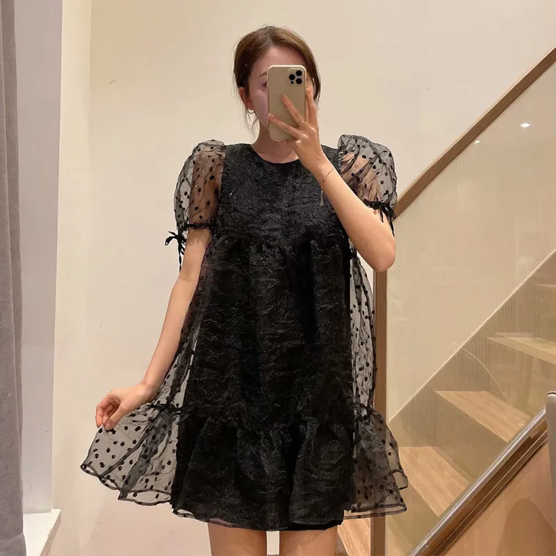 VUWWYV Black OrganTransparent Ruffle Femme Robe Summer Sexy Sheer Party Femmes Puff Sleeve Smock Mini Robes 210430