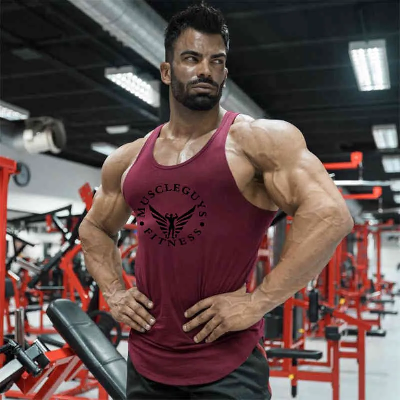 Muscleguys Brand Men Gym Clothing Bodybuilding Stringer Tank Top Men Fitness Singlet Sleeveless Shirt Solid Cotton Muscle Vest 210421