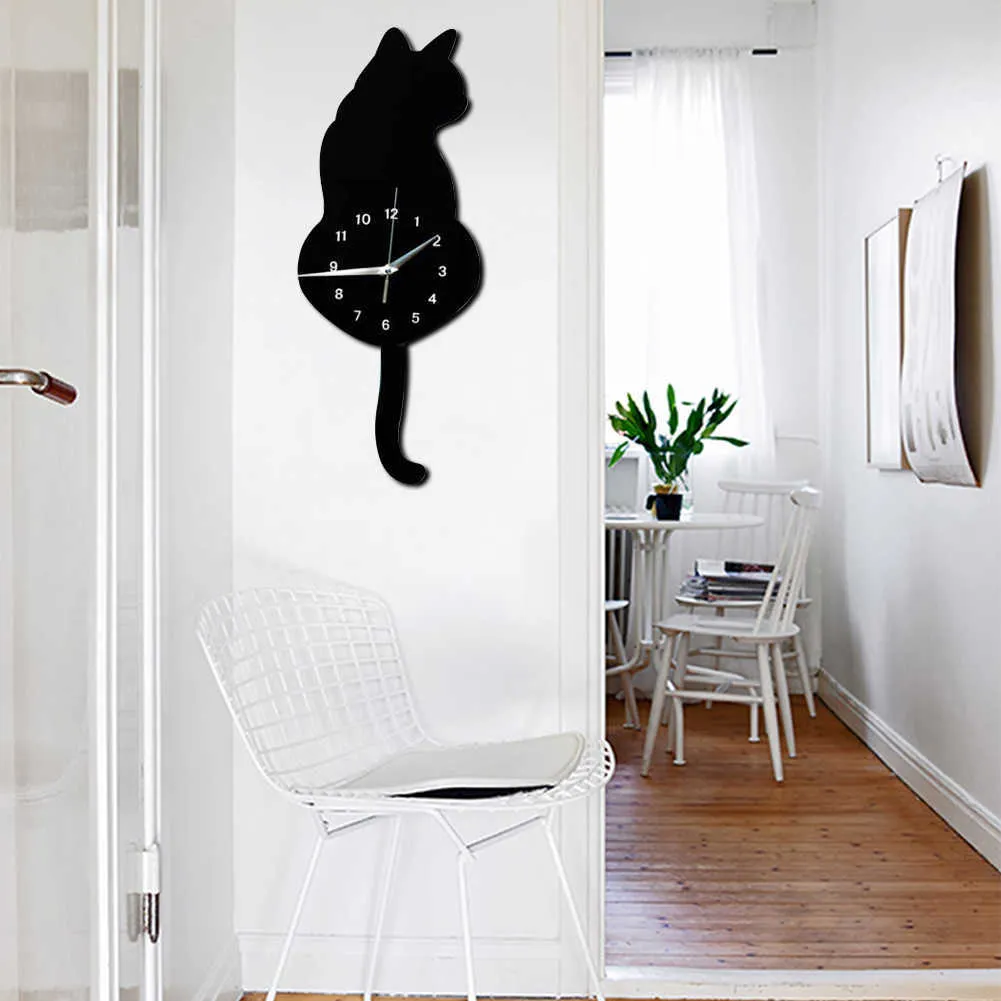 Creative Wall Clock Animal Naughty Cat Wag Tail Moving Pendulum Quartz Needle Acrylic Cartoon DIY غرفة المعيشة ديكور المنزل 21099611269