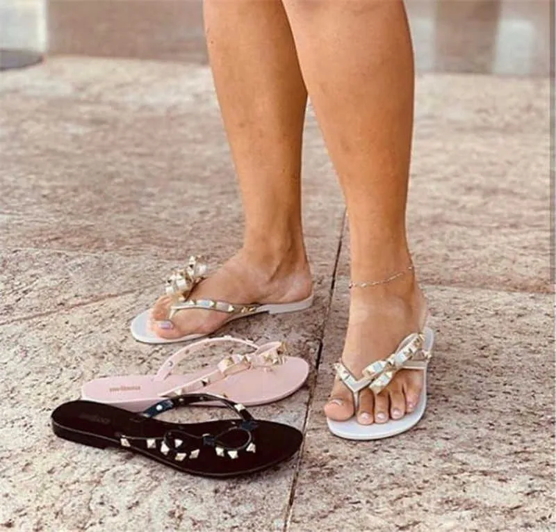 サンダルメ​​リッサ女性フリップフロップ夏の靴クールなビーチリベット大きな弓フラットブランドゼリーガールズサイズ35-40 A0602