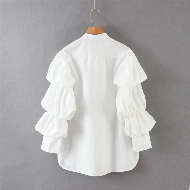 H.SA-shirt Dames White Button Puff Sleeve Streetwear Casual Losse Partij Vestidos Blouses Office Dames Tops Shirts 210417