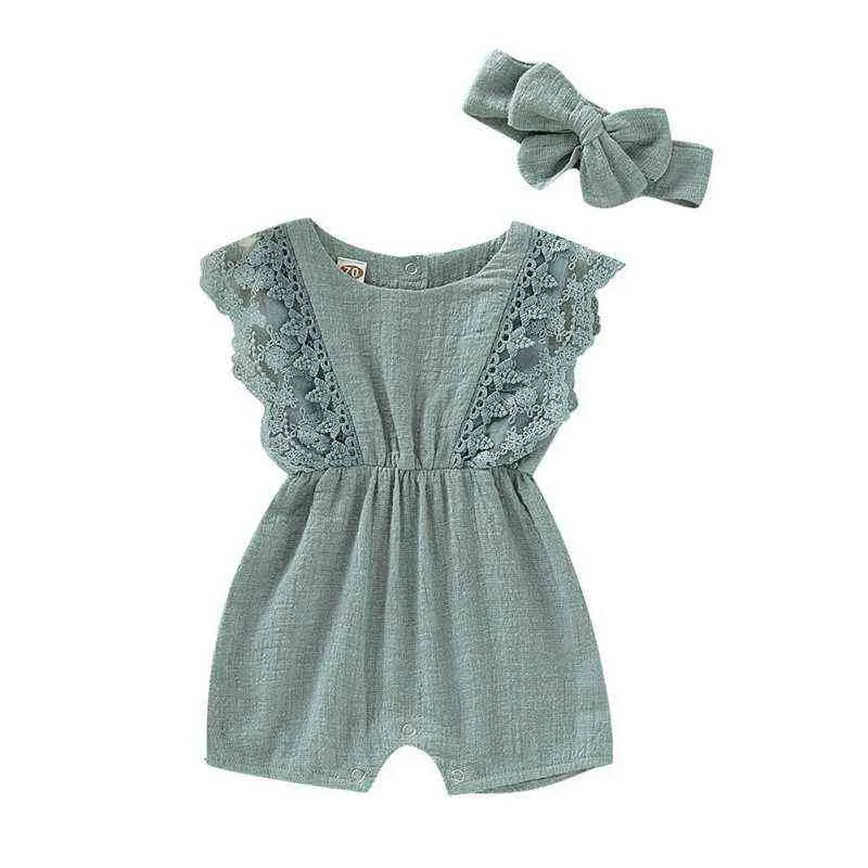 Summer born Girls Rompers Set Flare Sleeve Solid Print Lace Design Romper Jumpsuit With Headband s 211101