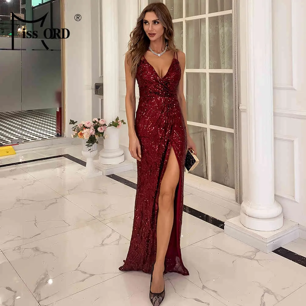 Missord Frauen Sexy V-ausschnitt Pailletten Spaghetti Strap Kleid Backless Hohe Split Maxi Kleider Sommer Abend Geburtstag Party Prom X0521