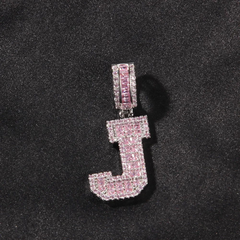 Pink Baguette Solid Letters Custom Name Necklace Pendant With Tennis Chain Iced Out Personalized Jewelry254U
