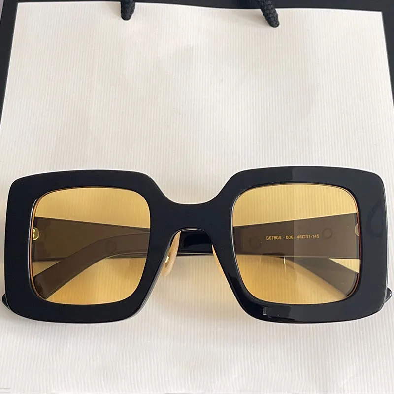 디자이너 고품질 선글라스 0780 년대 남성 여성 패션 쇼핑 클래식 스퀘어 블랙 프레임 옐로우 렌즈 UV 보호 구동 TRA184Q