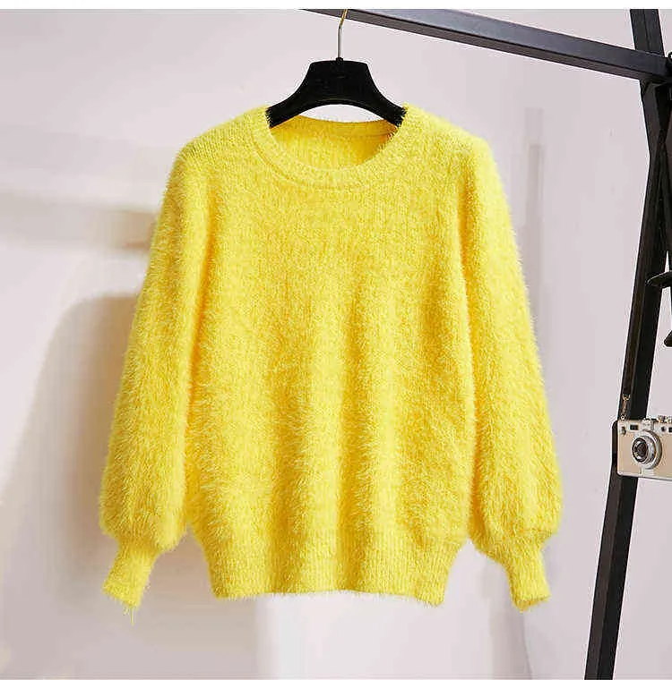 Kvinnor Två Piece Set Fashion Fall Winter Yellow Mohair Lancer Sleeve Pullover och Woolen Broderi Mini Skirt Set 211221