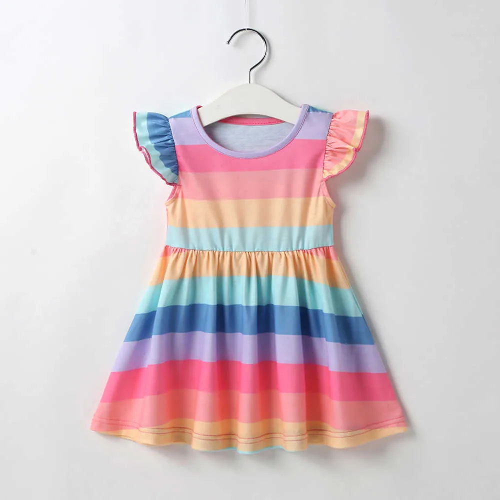 ガールズドレス夏のフライスリーブレインボーストライプ幼児ファッションAラインサンドレス子供服210611