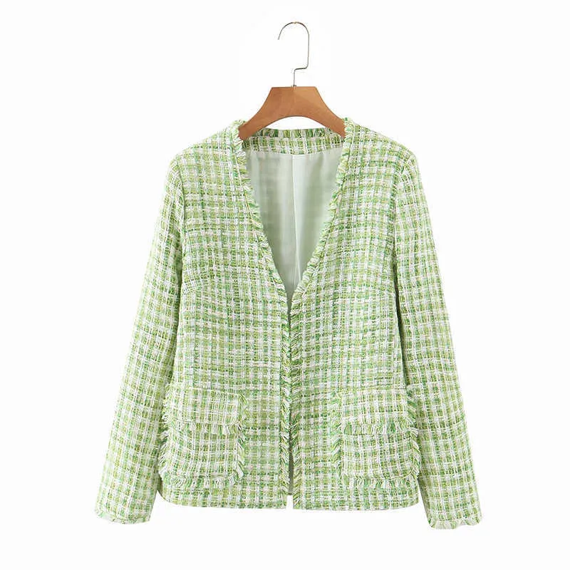 Aelegantmis coréen Plaid Tweed vert deux pièces ensembles femmes Vintage col en V Cardigan Shorts 2 femmes pantalons élégants costumes Chic 210607