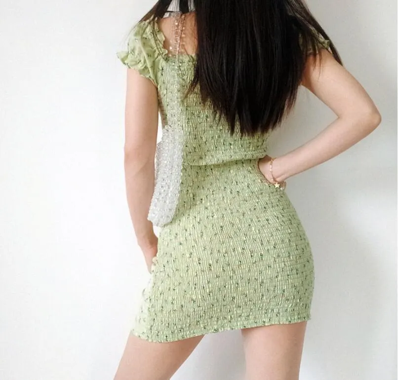 Retro Fransız Halat Bandaj Yaka Kısa Kollu Çiçekli Elbise Kadın Için Elastik Dantelli Geri Slim Fit Mini Elbiseler Tatil 210429