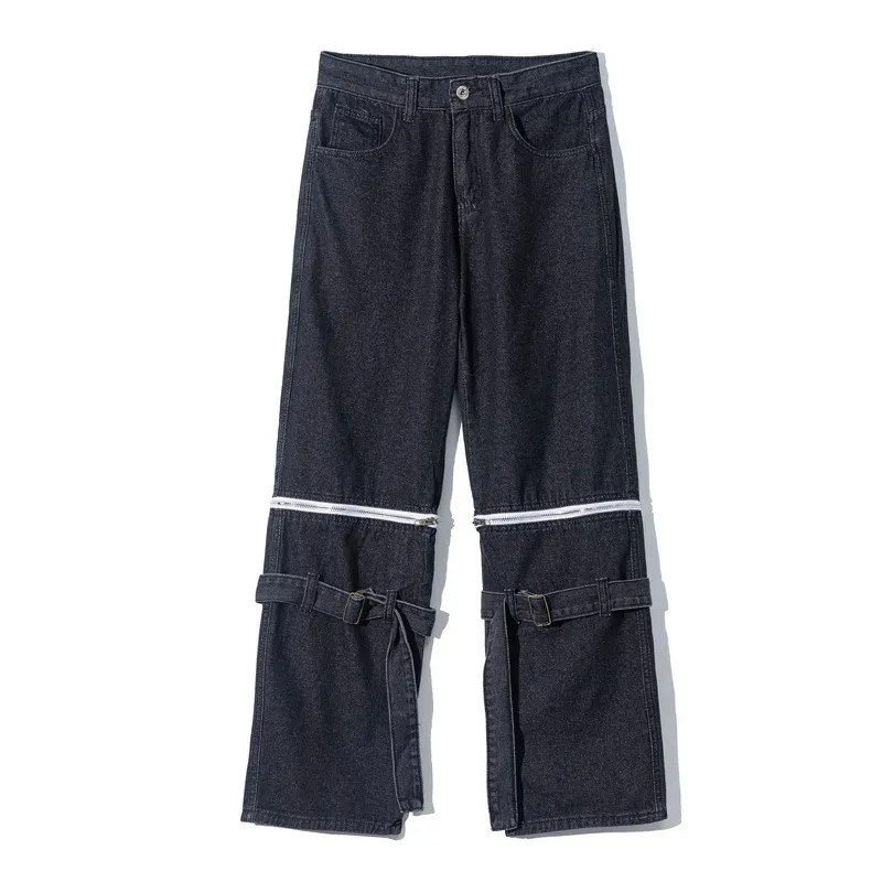 IEFB Streetwear Zipper Odłączany Szeroki Dżinsy męskie Moda Moda Hip Hop Luźne Czarne Dżinsowe Spodnie Spodnie 9Y5077 210524