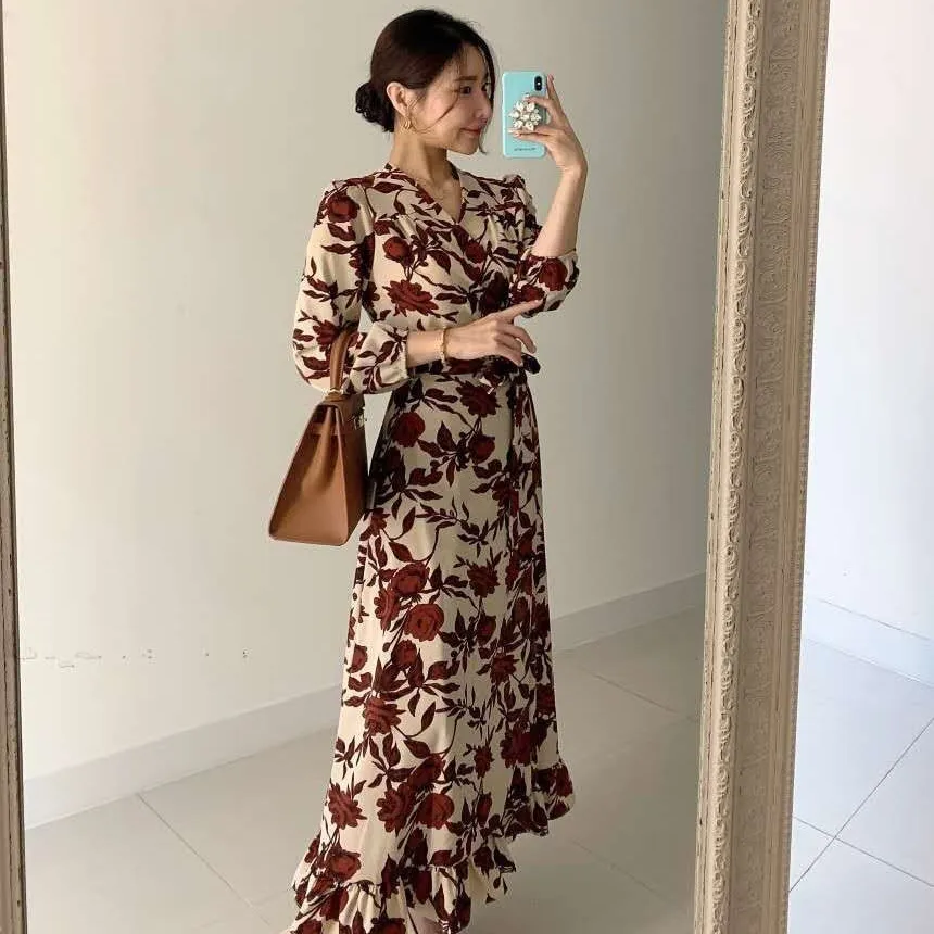 Korobov coreano chique vintage elegante flor impressão vestido novo moda v pescoço manga comprida vestidos de chiffon ol verão vestido 210430