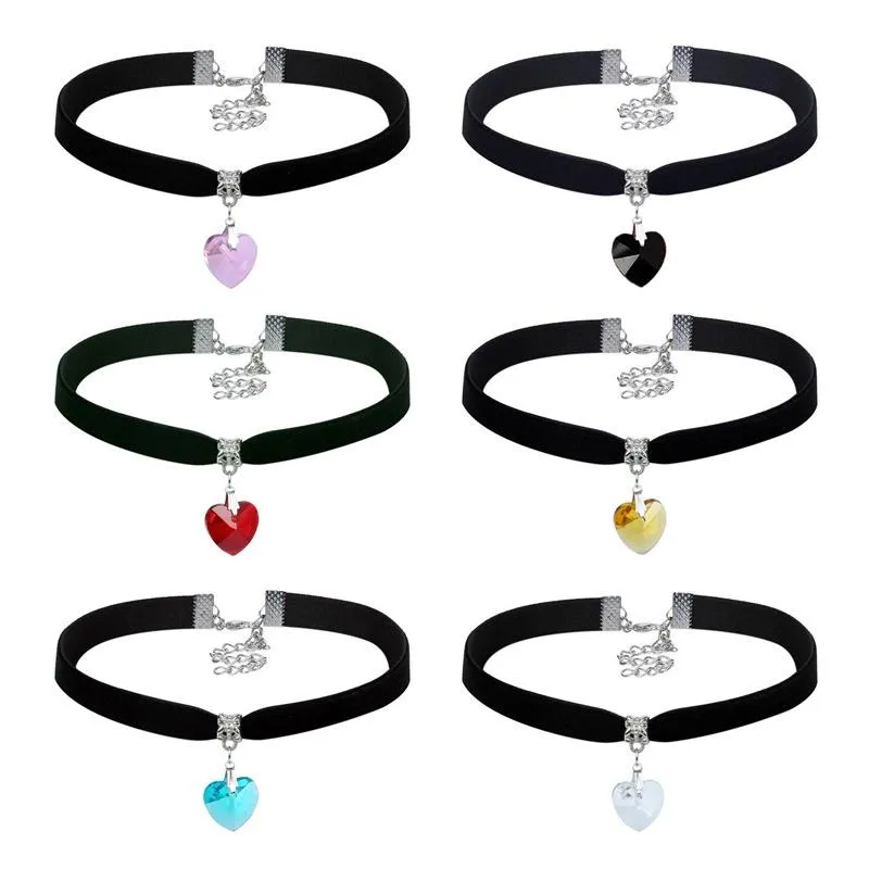 Fashion Women Velvet Choker Heart Crystal Pendant Necklaces For Jewelry Female Black Ribbon Necklace Party Gift Collar Chokers203m
