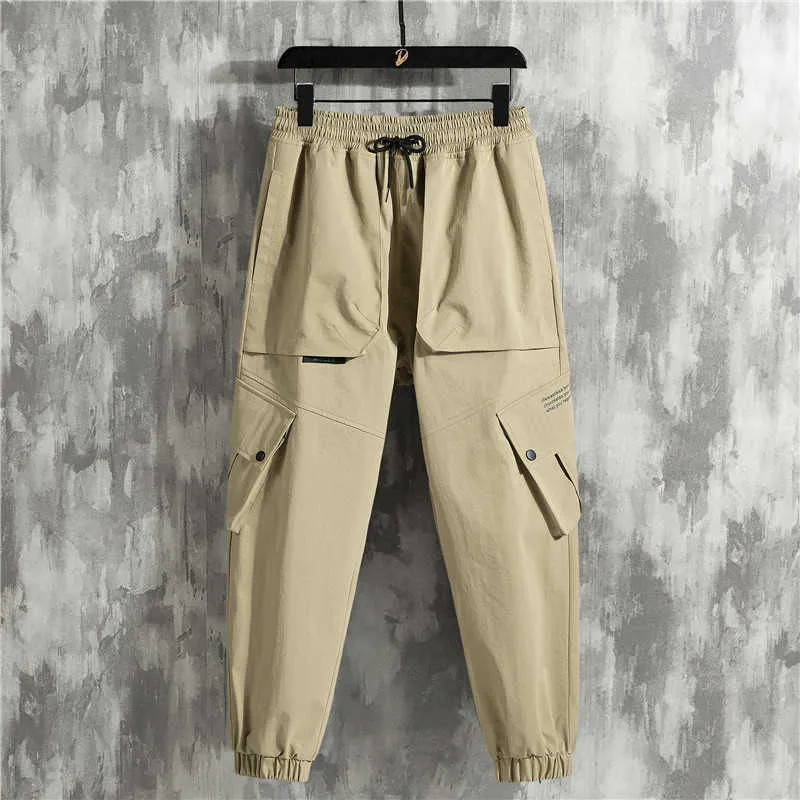 Hommes Cargo Pantalon Poches Latérales Kaki 2021 Streetwear Casual Baggy Hip Hop Pantalon Y0927