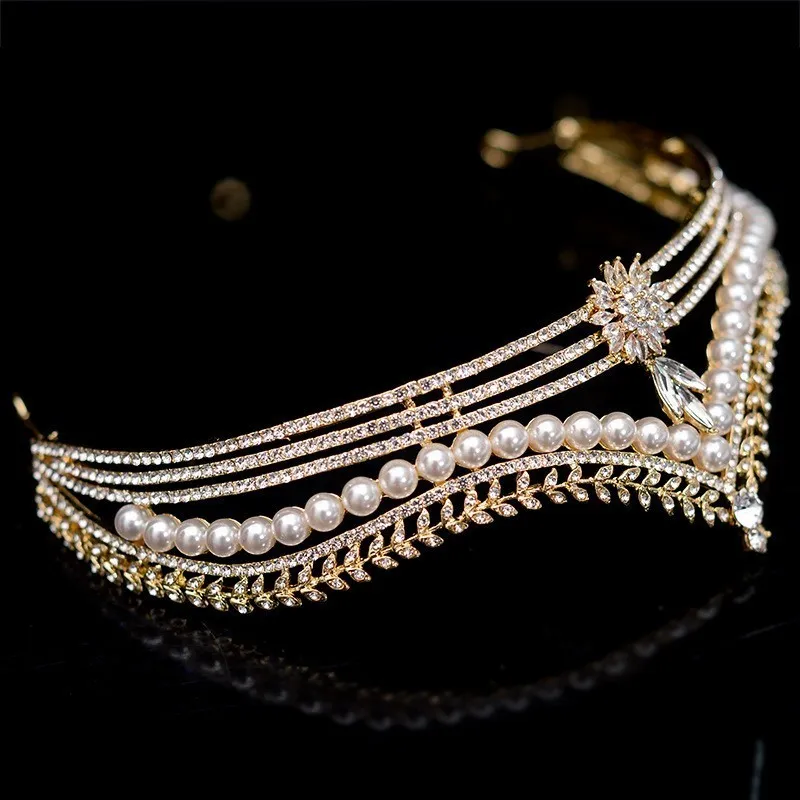 Barock Retro Gold Kristall Perle Braut Tiaras Krone Geometrisch Festzug Diadem Braut Stirnband Hochzeit Haarschmuck 220217234s