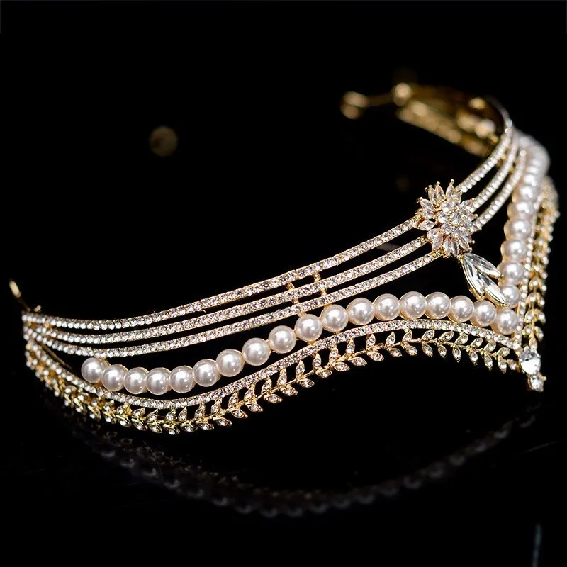 Barokowy Retro Gold Crystal Pearl Bridal Tiaras Crown Geometryczny Korant Diadem Bride Headband Wedding Hair Akcesoria 220217