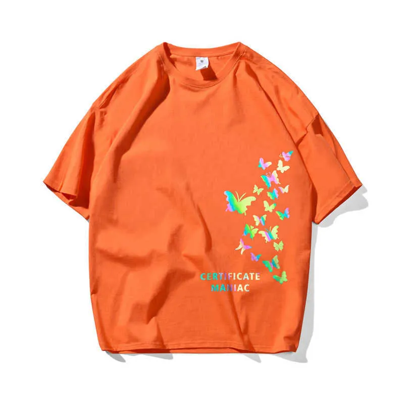 T-shirt oversize da uomo Streetwear Harajuku T-shirt con farfalla riflettente T-shirt manica corta in cotone allentato HipHop Plus Size 210527