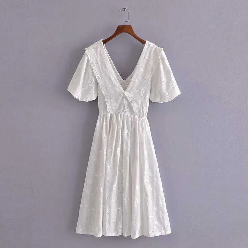 Za Белые вышитые эйлетки MIDI платье женщины короткий слойный рукав без спинки лесные платья женщины винтажные внутренние тюль Vestidos 210602