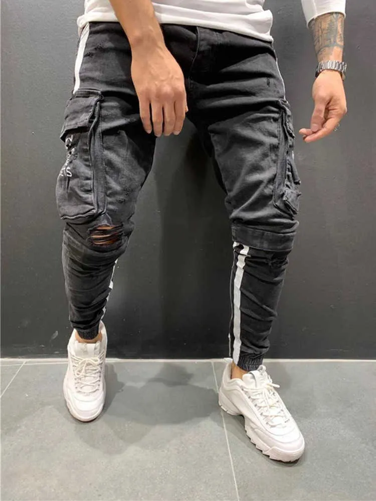 Nuovi pantaloni a matita Jeans strappati Slim Spring Hole Moda uomo Jeans skinny sottili uomo Pantaloni multitasche Hiphop S-3XL X0621