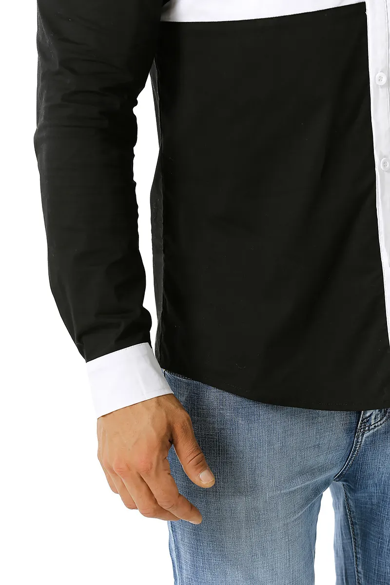 Svart vit kontrastskjorta män modedesign herrar hit färg klänning skjortor långärmad smal fit patchwrok kemis homme 2xl 210522283t