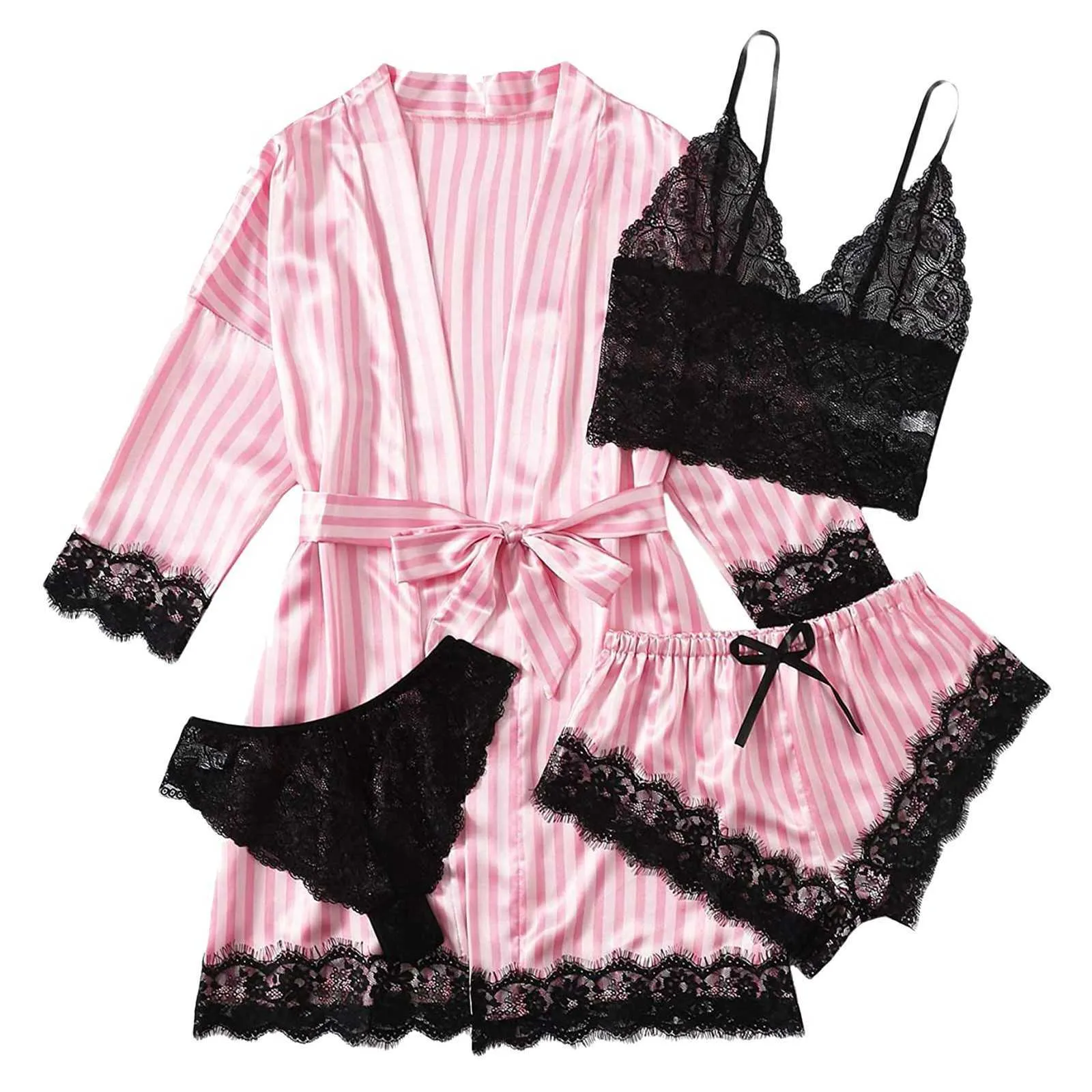 Conjuntos de pijama de 4 peças Mulheres Stripe Cor Solid Summer Satin Silk Robe Sets Sexy Respirável Acolhedor Lace Sleepwear V Neck Pijama Femme Q0706