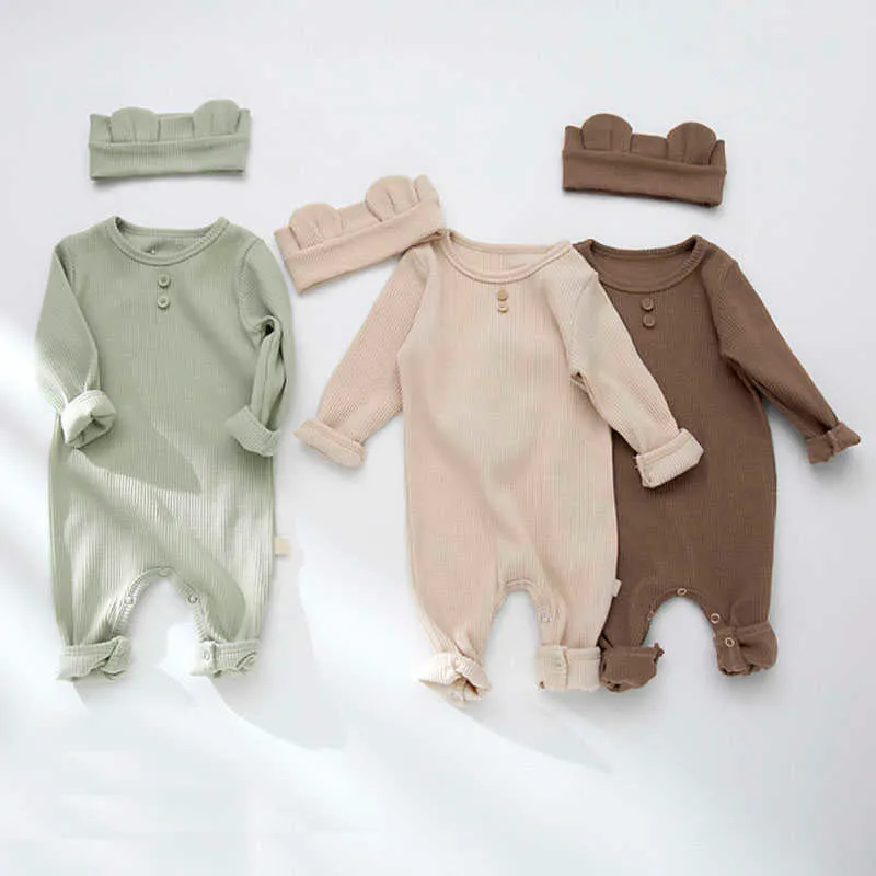 Bear Leader Baby Boys Girls Korean Style Casual Rompers born Solid Color Clothes Full Sleeve Spring Jumpsuits With Headband 210708