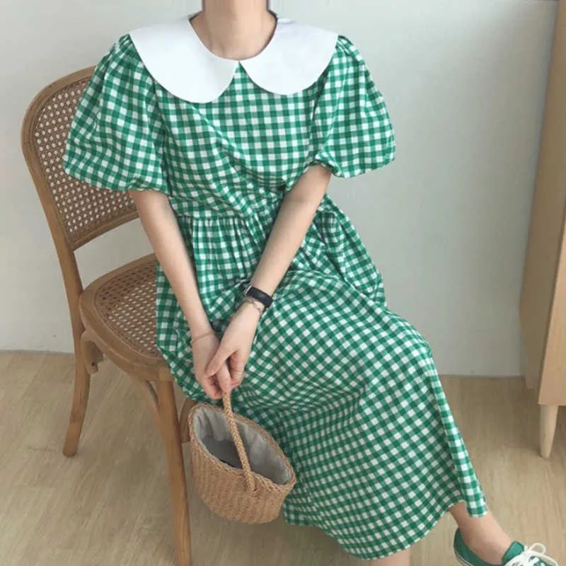 Korejpaa Kobiety Dress Summer Korean Reducing Lalki Kołnierz Kontrast Kolor Platformy Print Plisowany Rękaw Puff Vestidos 210526