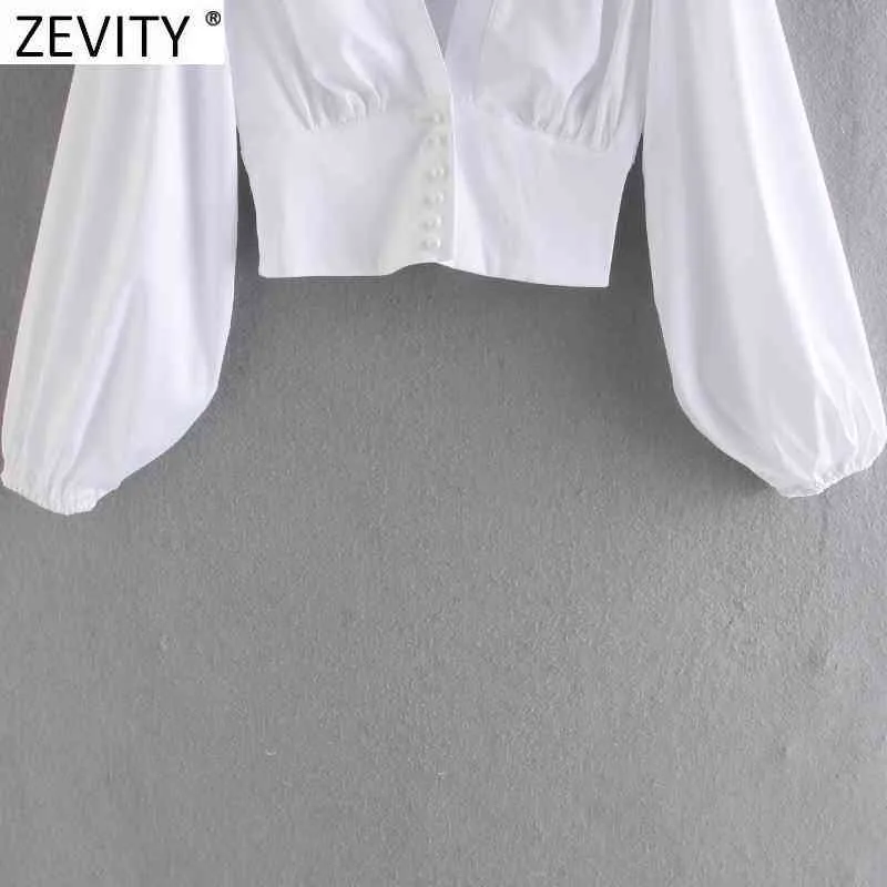 Frauen V-Ausschnitt Schwarz Weiß Farbe Kurze Kittelbluse Weibliche Laternenhülse Slim Court Shirts Chic Pearl Buttons Tops LS9268 210416
