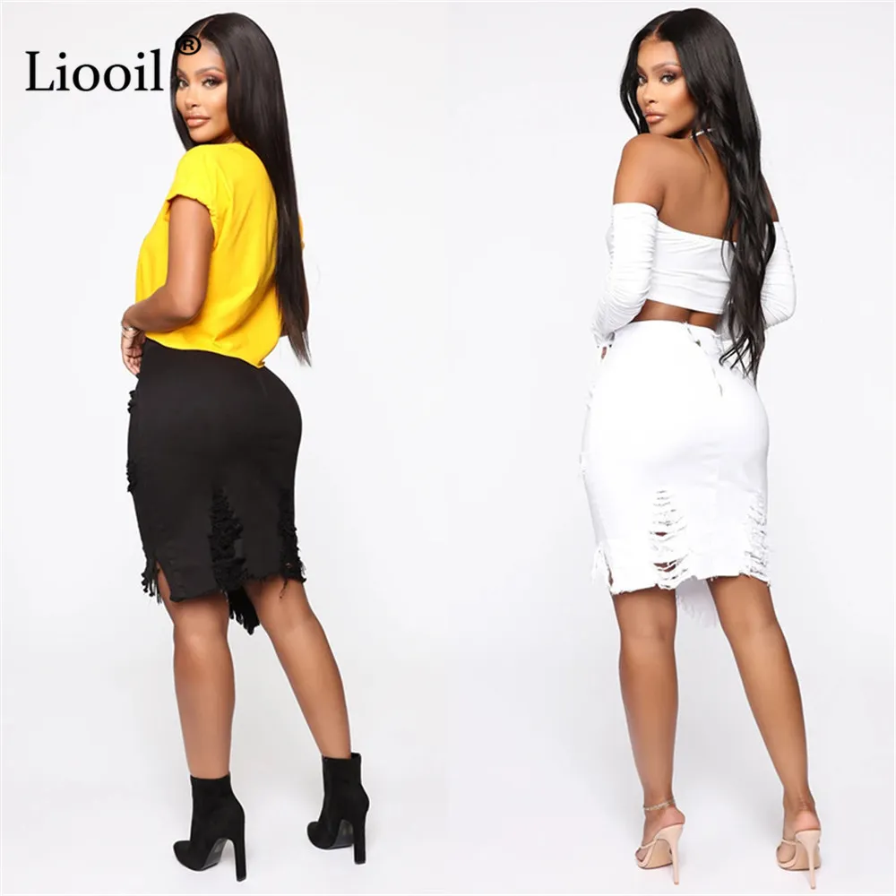 Liooil assimétrico algodão preto buraco branco denim midi saia com tassel streetwear alta cintura lavagem afligida mulheres bodycon saia 210401