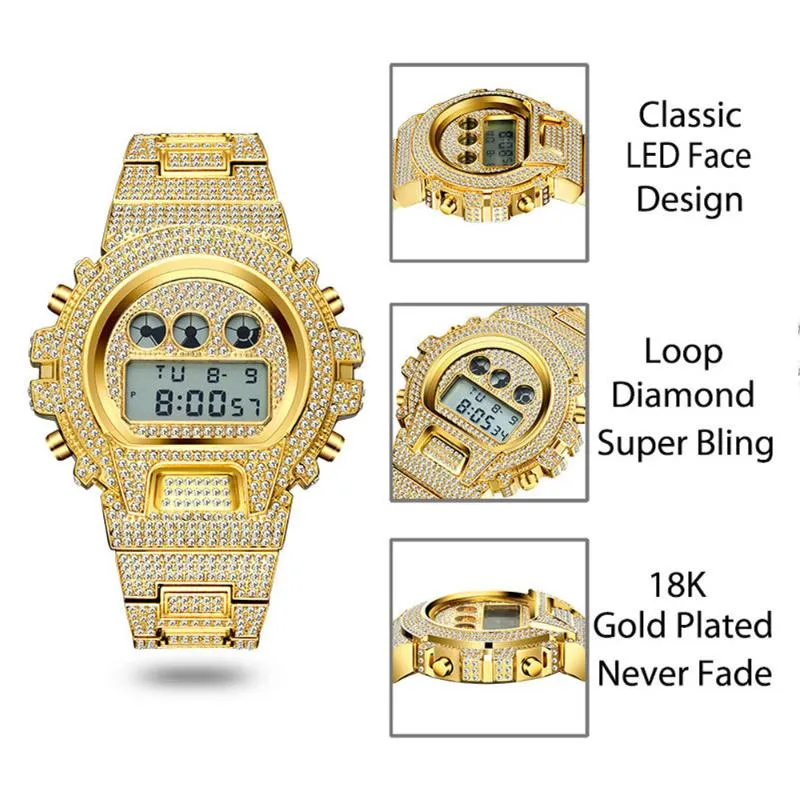 Iced Out Diamond Watch Мужские Роскошные светодиодные цифровые мужские часы Водонепроницаемые спортивные наручные часы Мужские модные мужские часы из 18-каратного золота из стали Wris250o
