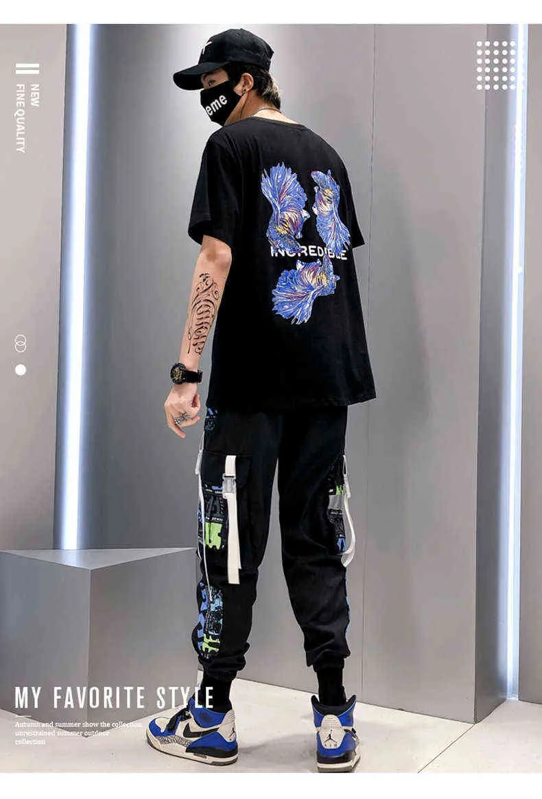 2021 Moda Swag Streetwear Erkekler Yansıtıcı Hip Hop Gevşek Kargo Pantolon Erkek Joggers Grafiti Şerit Keten Pantolon Techwear Pantolon H1223