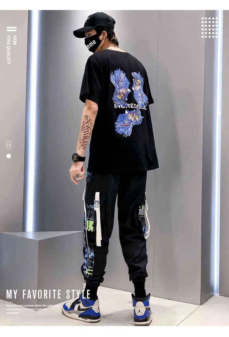 2021 mode Swag Streetwear hommes réfléchissant Hip Hop lâche Cargo pantalon hommes Joggers Graffiti ruban lin pantalon Techwear pantalon H1223