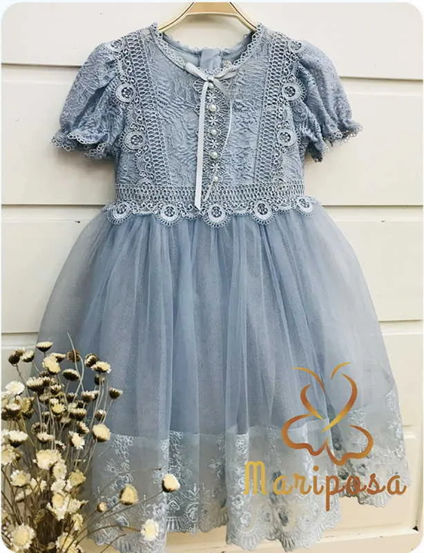 Wholesale Girls Dress Summer Lace Yarn Short Sleeve Lovely Princess Kids Clothes E21920 210610