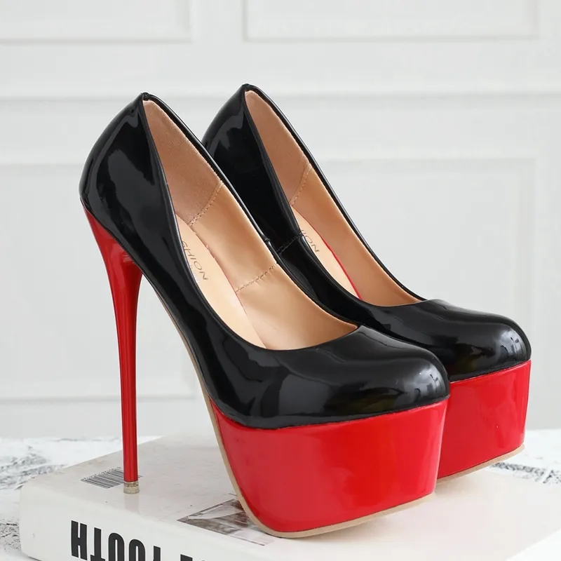Super sexig röd tjock botten stiletto kvinnor pumpar patent läder 16 cm högklacka kvinnliga t-steg skor höstklackar stor storlek 41 42 y0406